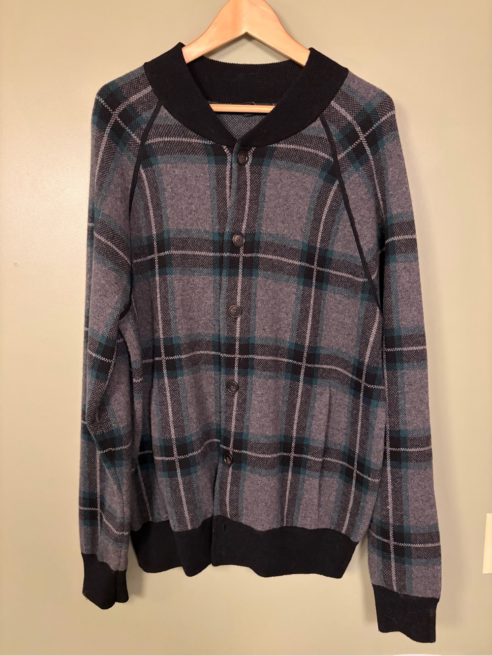 Banana Republic Gray Plaid Bomber Sweater with Teal Stripe Accents